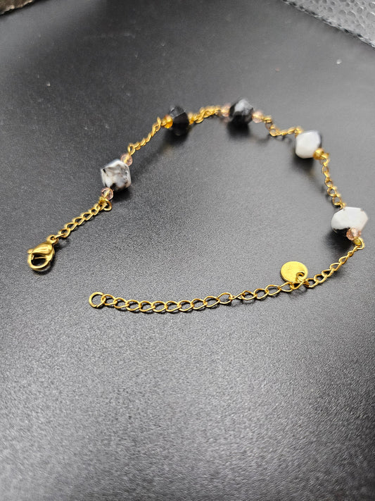 Bracelet Jaspe Zèbre - Perles naturelles noir et blanc - Acier inoxydable 23 cm, vue d'ensemble