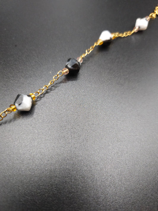 Bracelet Jaspe Zèbre - Perles naturelles noir et blanc - Acier inoxydable 23 cm. chaine